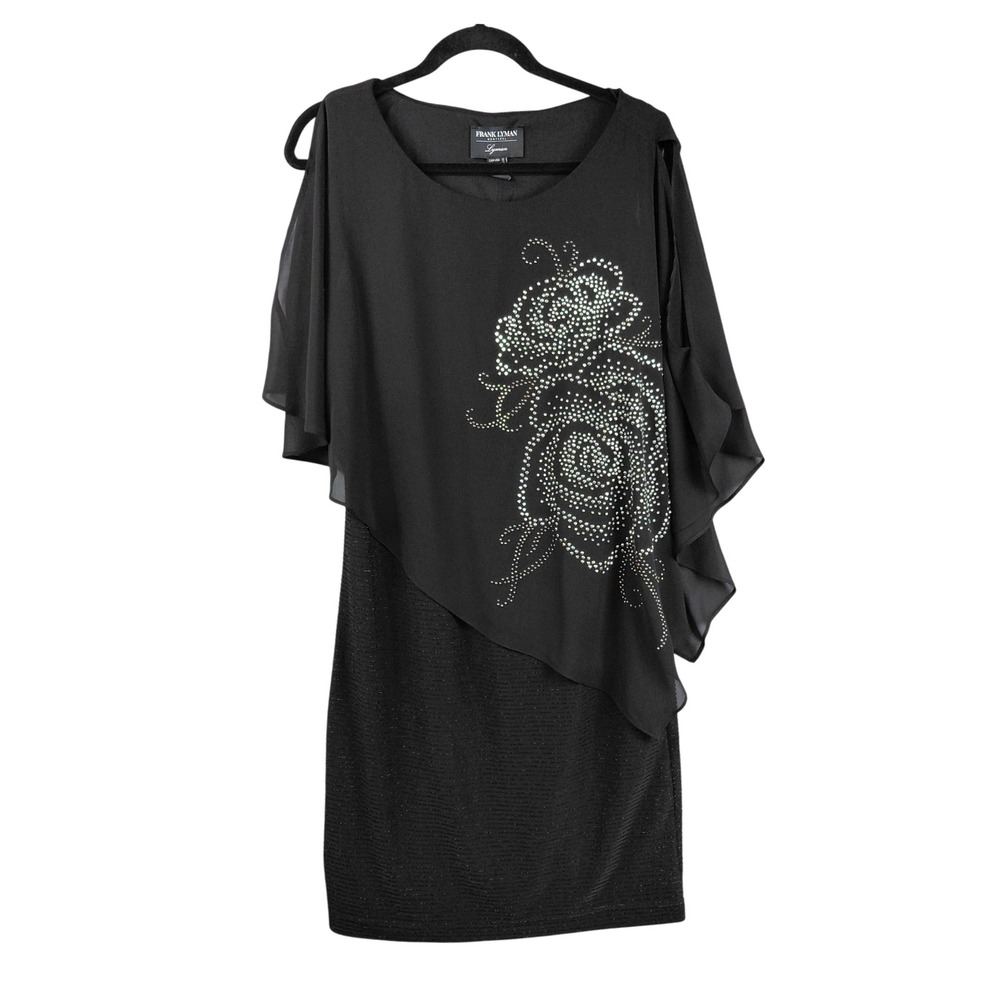 Frank Lyman Black Rhinestone Floral Cold Shoulder Layered Dress 228156 Womens 12